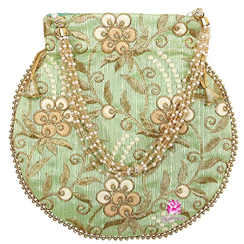 Indian Ethnic Potli bag Ladies Handbag Embroidered Floral Bag for Bridal Batwa Wedding (Light Green)