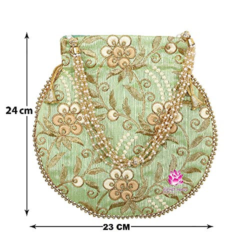 Indian Ethnic Potli bag Ladies Handbag Embroidered Floral Bag for Bridal Batwa Wedding (Light Green)