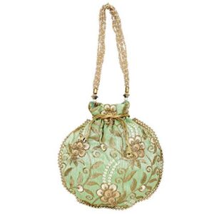 Indian Ethnic Potli bag Ladies Handbag Embroidered Floral Bag for Bridal Batwa Wedding (Light Green)