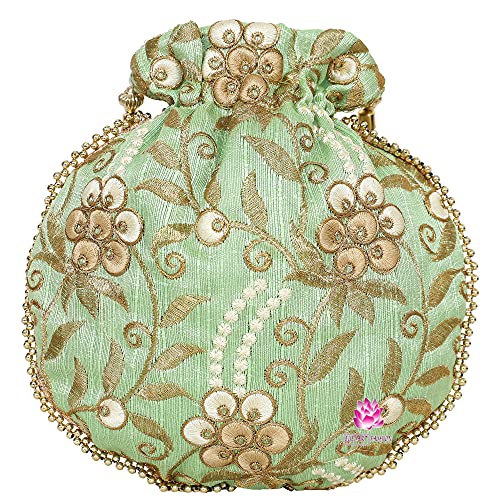 Indian Ethnic Potli bag Ladies Handbag Embroidered Floral Bag for Bridal Batwa Wedding (Light Green)