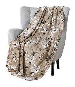 vcny decorative throw blanket: cherry blossom design accent for couch or bed, colors: dark beige white pink black