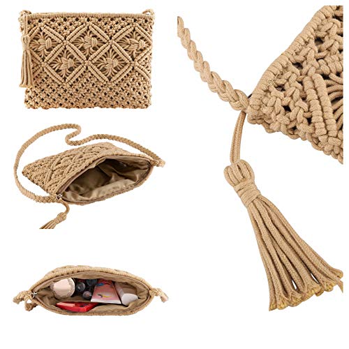 Ayliss Women's Handwoven Crossbody Handbag Summer Beach Shoulder Handbag Cotton Crochet Woven Handmade Purse Bag Tassel (Khaki)