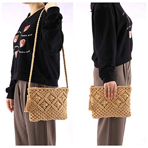 Ayliss Women's Handwoven Crossbody Handbag Summer Beach Shoulder Handbag Cotton Crochet Woven Handmade Purse Bag Tassel (Khaki)
