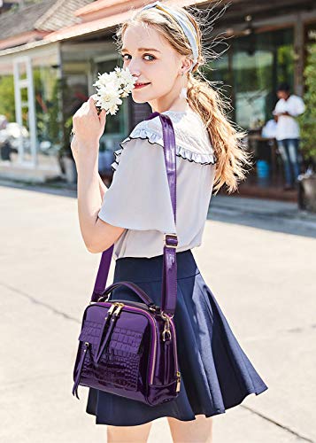 Chikencall Women’s Patent Leather Handbag and Purses Crocodile Pattern Shell Shoulde Bags Ladies Satchels Crossbody Bag Purple