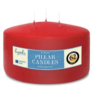 hyoola red three wick large candle – 6 x 3 inch – unscented big pillar candles – 62 hour – european made