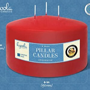 HYOOLA Red Three Wick Large Candle - 6 x 3 Inch - Unscented Big Pillar Candles - 62 Hour - European Made