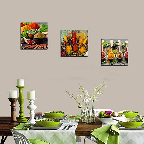 Biuteawal 3 Piece Set Spice and Spoon Wall Art Painting Kitchen Pictures Wall Decor Herbs Food The Print on Canvas for Home Dining Room Restaurant Decoration Ready to Hang