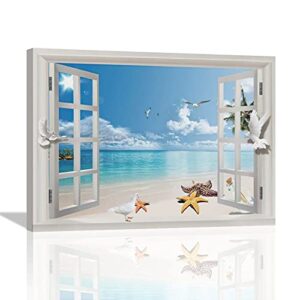 Beach Wall Art Beach Pictures Wall Decor 3D Window Art Starfish Blue Sea Coastal Painting Canvas Art Palm Tree Wall Decor Ocean Painting Tropical Wall Decor Framed for Bathroom Living Room Bedroom