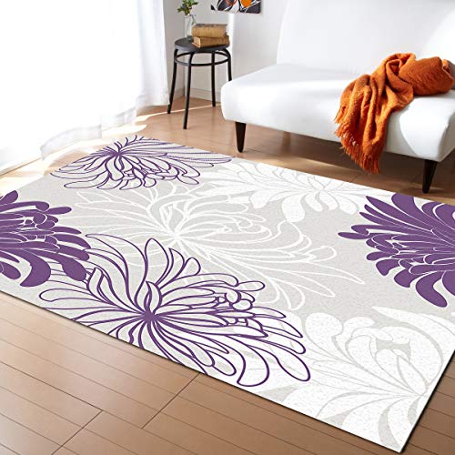 FAMILYDECOR Modern Floor Rugs Floral Chrysanthemum Flower Purple Grey White Area Rugs Bedside Floor Carpet 4'x6' Non Slip Decor Bedroom Living Room Carpet Area Rug for Boys, College Dorm Indoor