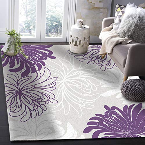 FAMILYDECOR Modern Floor Rugs Floral Chrysanthemum Flower Purple Grey White Area Rugs Bedside Floor Carpet 4'x6' Non Slip Decor Bedroom Living Room Carpet Area Rug for Boys, College Dorm Indoor