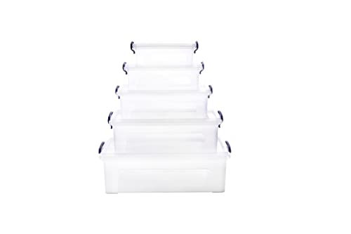 Superio Clear Storage Bins with Lids Stackable, Plastic, Storage Container, Latch Box with Locking Handles, Multiple Sizes (5 Pack- Flat Containers)