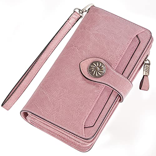 Travelambo Womens Wallet Large Capacity RFID Blocking Genuine Leather Wristlet Wallets(Pink)