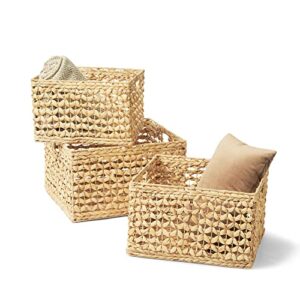 artera oversize wicker storage basket – set of 3 woven water hyacinth blanket baskets with handle, rectangular natural nesting floor storage bins for living room, bedroom or laundry room