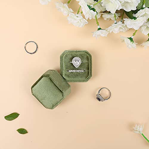 NicGor Velvet Ring Box Double Slots, Gift for Proposals Engagement and Wedding Band Photographs - Octagon Jewelry Ring Boxes (Olive Green)