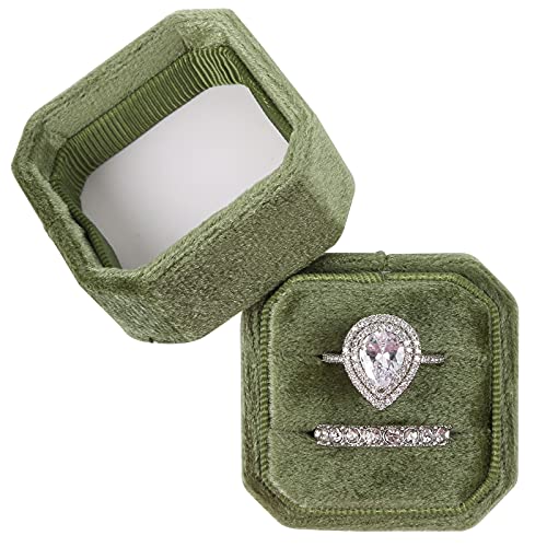 NicGor Velvet Ring Box Double Slots, Gift for Proposals Engagement and Wedding Band Photographs - Octagon Jewelry Ring Boxes (Olive Green)