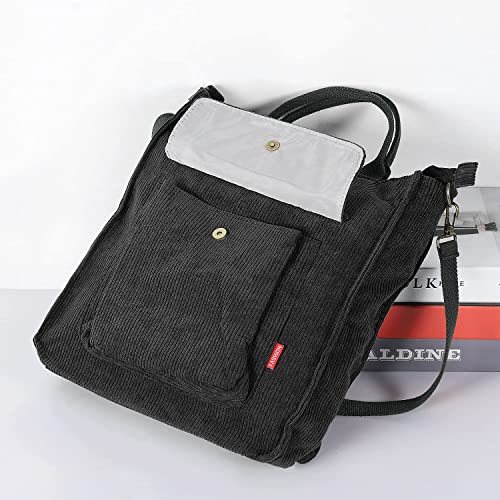 Etercycle Crossbody Bag for Women, Corduroy Tote Bag Casual Shoulder Handbags Big Capacity Shopping Bag with Zipper and Outer Pocket (Black)