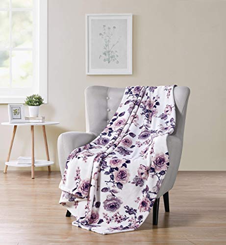 Decorative Throw Blankets: Soft Plush Lively Rose Floral Accent for Couch or Bed, Colored: Blush Pink Purple Navy Blue Grey White