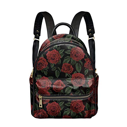 FOR U DESIGNS Red Rose Flower Pattern PU Leather Women Shoulder Backpacks Durable Knapsacks for Shopping Casual Bookbag