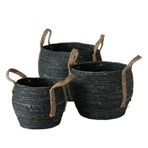 rustic black 3 piece basket set, floor and shelf organizers, corn husk wicker, durable, coiled rope weave, handles, stitched, reinforced, rustic home decor, round, 13.75, 11, 9 diameter inches
