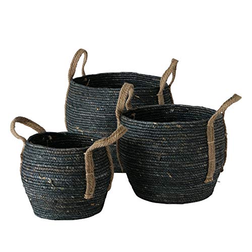 Rustic Black 3 Piece Basket Set, Floor and Shelf Organizers, Corn Husk Wicker, Durable, Coiled Rope Weave, Handles, Stitched, Reinforced, Rustic Home Decor, Round, 13.75, 11, 9 Diameter Inches