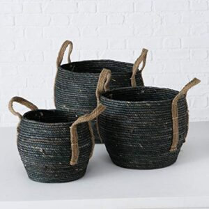 Rustic Black 3 Piece Basket Set, Floor and Shelf Organizers, Corn Husk Wicker, Durable, Coiled Rope Weave, Handles, Stitched, Reinforced, Rustic Home Decor, Round, 13.75, 11, 9 Diameter Inches
