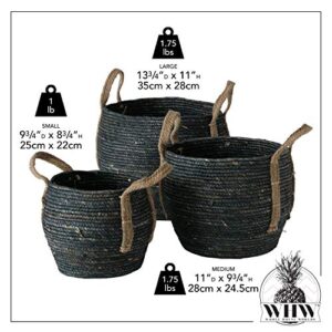 Rustic Black 3 Piece Basket Set, Floor and Shelf Organizers, Corn Husk Wicker, Durable, Coiled Rope Weave, Handles, Stitched, Reinforced, Rustic Home Decor, Round, 13.75, 11, 9 Diameter Inches