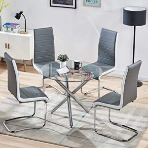 stylifing dining room set round clear glass top crisscrossing chrome metal legs kitchen table and 4 modern high back grey faux leather chairs home kitchen office waiting room use