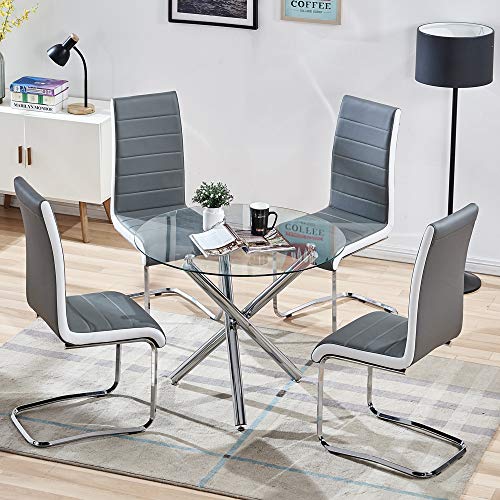 STYLIFING Dining Room Set Round Clear Glass Top Crisscrossing Chrome Metal Legs Kitchen Table and 4 Modern High Back Grey Faux Leather Chairs Home Kitchen Office Waiting Room Use