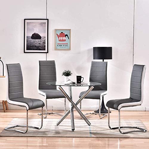 STYLIFING Dining Room Set Round Clear Glass Top Crisscrossing Chrome Metal Legs Kitchen Table and 4 Modern High Back Grey Faux Leather Chairs Home Kitchen Office Waiting Room Use