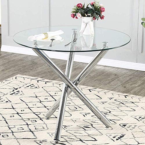 STYLIFING Dining Room Set Round Clear Glass Top Crisscrossing Chrome Metal Legs Kitchen Table and 4 Modern High Back Grey Faux Leather Chairs Home Kitchen Office Waiting Room Use