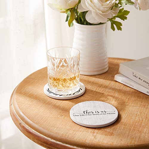 Hoomey Coasters for Drinks, Set of 6 Absorbent Drink Coasters with Holder, Farmhouse Style Ceramic Drink Coasters with Cork Backing for Table Protection, Housewarming Gifts for New Home