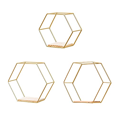ZRSWV Gold Decorative Geometric Hexagon Floating Shelf Multi-use Metal Wire Wall Display Shelves Hanging Wall Decor for Bedroom Living Room Kitchen Office, Set of 3 6.7in 9.4in 11in