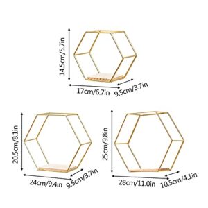 ZRSWV Gold Decorative Geometric Hexagon Floating Shelf Multi-use Metal Wire Wall Display Shelves Hanging Wall Decor for Bedroom Living Room Kitchen Office, Set of 3 6.7in 9.4in 11in