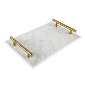 highfree marble stone decorative tray, handmade nightstand tray with copper-color metal handles for counter, vanity, dresser, nightstand and desk (white)