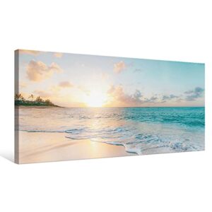 Goldfoilart Beach Wall Art Sunset Pictures Ocean Prints Romantic Sea Waves Canvas Paintings for Living Room Bedroom Bathroom Office Framed Artwork Decorations Wall Decor Easy to Hang 20"x40"