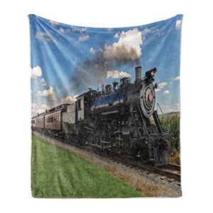 ambesonne steam engine soft flannel fleece throw blanket, vintage locomotive in countryside scenery green grass puff train picture, cozy plush for indoor and outdoor use, 60″ x 80″, blue green