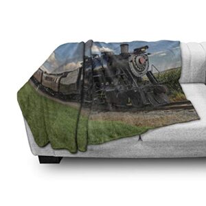 Ambesonne Steam Engine Soft Flannel Fleece Throw Blanket, Vintage Locomotive in Countryside Scenery Green Grass Puff Train Picture, Cozy Plush for Indoor and Outdoor Use, 60" x 80", Blue Green