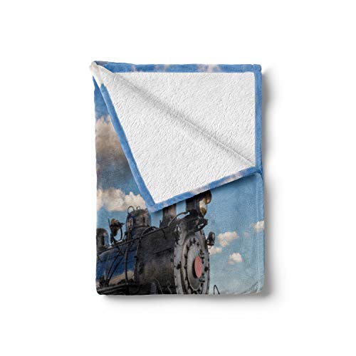 Ambesonne Steam Engine Soft Flannel Fleece Throw Blanket, Vintage Locomotive in Countryside Scenery Green Grass Puff Train Picture, Cozy Plush for Indoor and Outdoor Use, 60" x 80", Blue Green