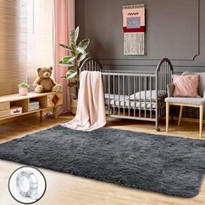 rossny area rug, 4 x 5.3 ft super soft rugs for living room non-slip shag rug area rugs fluffy rug for bedroom modern home decor fuzzy rug nursery rug with carpet tape for girls and boys room (grey)