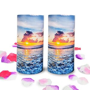 set of 2 40 lbs small eco scattering tube urn for human ashes, biodegradable decorative spreading cremation urn for adult male female pet dog cat ashes, including eco artificial flowers(beach sunset)