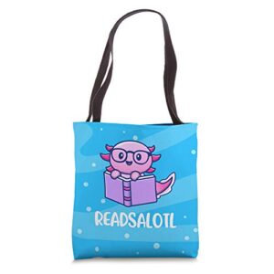 readsalotl axolotl cute reading book tote bag