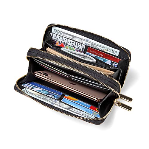 Daisy Rose Dual Zipper Phone Clutch and Wallet for Women - RFID Blocking, PU Vegan Leather Multi-Card Organizer - Leopard