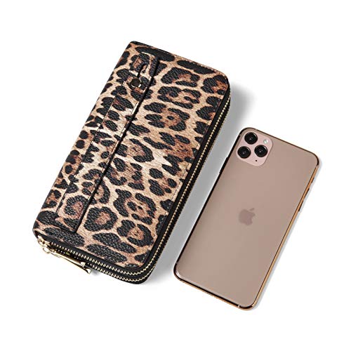 Daisy Rose Dual Zipper Phone Clutch and Wallet for Women - RFID Blocking, PU Vegan Leather Multi-Card Organizer - Leopard