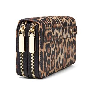 Daisy Rose Dual Zipper Phone Clutch and Wallet for Women - RFID Blocking, PU Vegan Leather Multi-Card Organizer - Leopard