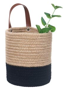 zfrxz wall hanging basket – 6.3″ x 7″ small cotton rope baskets with handle storage bins for door closet- woven basket organizer for flower plants, towels,toys (jute & black)