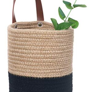 ZFRXZ Wall Hanging Basket - 6.3" x 7" Small Cotton Rope Baskets with Handle Storage Bins for Door Closet- Woven Basket Organizer for Flower Plants, Towels,Toys (Jute & Black)