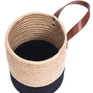 ZFRXZ Wall Hanging Basket - 6.3" x 7" Small Cotton Rope Baskets with Handle Storage Bins for Door Closet- Woven Basket Organizer for Flower Plants, Towels,Toys (Jute & Black)
