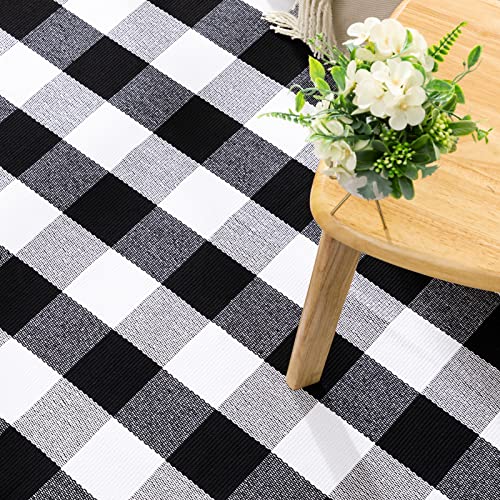joybest Buffalo Plaid Rug 3 x 5 ft Black and White Checkered Area Rug Cotton Hand-Woven Indoor Outdoor Rugs Carpet for Patio, Living Room, Dining Room, Bedroom