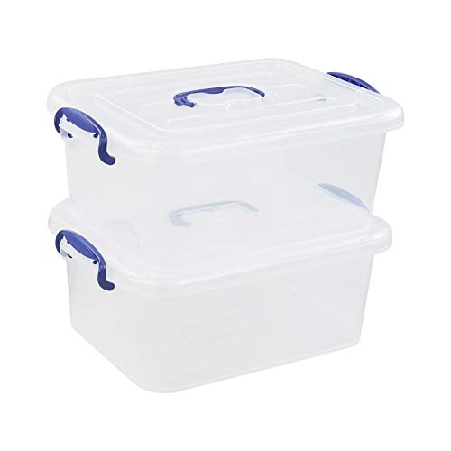 Rinboat 2 Packs Plastic Stackable Storage Boxes with Transparent Lid and Deep Blue Handle, Hold 8 Quart