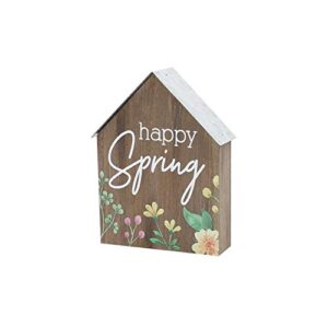 'Happy Spring' House Shaped Wood Block Sign with Flowers - Floral Easter Home Decor for Table Desk or Shelf